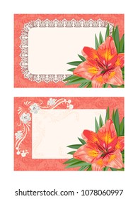 Template for invitation, greeting card, decorated with orange flowers of lilies and leaves.