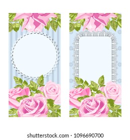 Template for invitation, greeting card, decorated with pink flowers of roses and leaves.