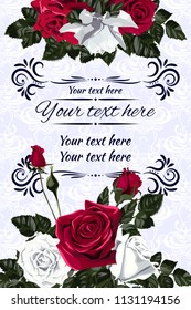 Template for invitation, greeting card, decorated with red flowers of roses and leaves.