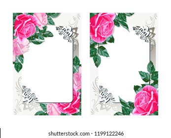 Template for invitation, greeting card, decorated with pink flowers of roses and leaves.