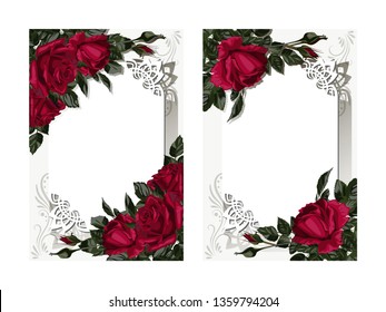 Template for invitation, greeting card, decorated with red flowers of roses and leaves.