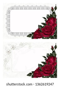 Template for invitation, greeting card, decorated with red flowers of roses and leaves.