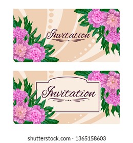 Template for invitation, greeting card, decorated with pink flowers of peony and leaves.