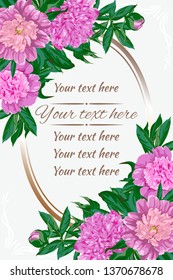Template for invitation, greeting card, decorated with pink flowers of peony and oval frame.