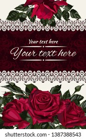 Template for invitation, greeting card, decorated with red flowers of roses and leaves.