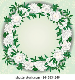 Template for invitation, greeting card, decorated with white flowers of peony and round frame.