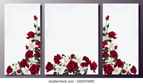 Template for invitation, greeting card, decorated with flowers of white lilies and red roses.