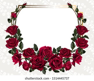 Template for invitation, greeting card, decorated with red flowers of roses and leaves.