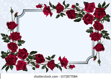 Template for invitation, greeting card, decorated with red flowers of roses and leaves.