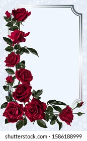 Template for invitation, greeting card, decorated with red flowers of roses and leaves.