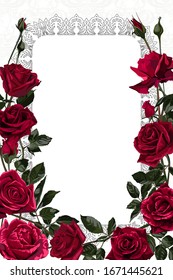 Template for invitation, greeting card, decorated with red flowers of roses and rectangular frame.