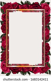 Template for invitation, greeting card, decorated with red flowers of roses and rectangular frame.