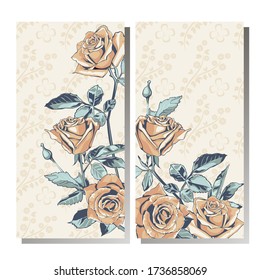 Template for invitation, greeting card, decorated with pink flowers of roses and blue leaves.