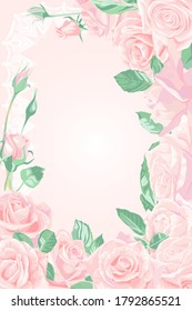 Template for invitation, greeting card, decorated with pink flowers of roses and leaves.