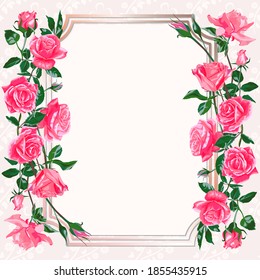 Template for invitation, greeting card, decorated with pink flowers of roses and leaves.