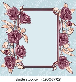 Template for invitation, greeting card, decorated with pink-purple flowers of roses and leaves.
