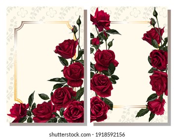 Plantilla para invitación, tarjeta de saludo, decorada con flores rojas de rosas y hojas.