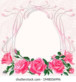 Template for invitation, greeting card, decorated with pink flowers of roses and leaves.