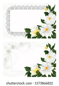 Template for invitation, greeting card with decorative rectangular frame and white dahlia flowers.