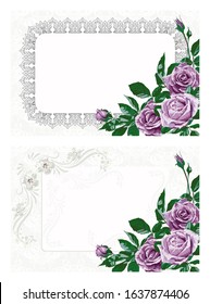 Template for invitation, greeting card with decorative rectangular frame and  pink-purple rose flowers.