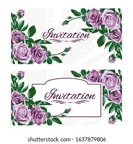 Template for invitation, greeting card with decorative rectangular frame and  pink-purple rose flowers.