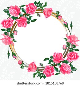 Template for invitation, greeting card with decorative round frame and pink rose flowers.