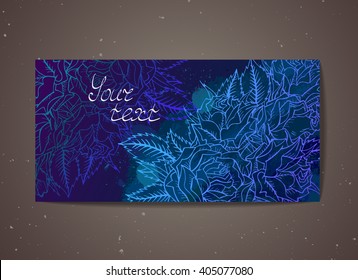 Template invitation or greeting card with hand drawn roses and watercolor elements. In blue colors.