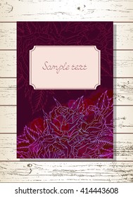 Template invitation or greeting card with hand drawn roses and watercolor elements on a wooden background. In purple and red colors.
