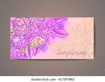 Template invitation or greeting card with hand drawn roses. In purple colors.