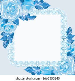 Template for invitation, greeting card. Square frame, decorated with blue rose flowers and leaves.