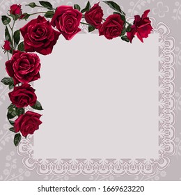 Template for invitation, greeting card. Square frame, decorated with red rose flowers and leaves.