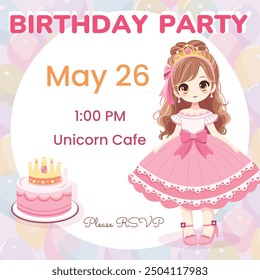 Template for invitation to Happy birthday party. Cute princess with beautiful eyes in a pink dress and a gold crown. Vector illustration in flat cartoon style