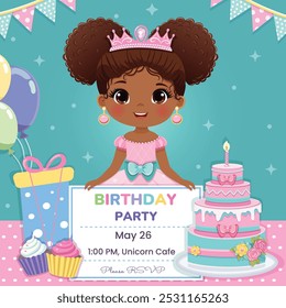 Modelo para convite para a festa de Feliz Aniversário. Bonita princesa com belos olhos em vestido rosa e uma coroa. Cartaz, Faixa, Panfleto, Cartão de Saudação. Ilustração vetorial em estilo de desenho animado plano.