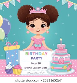 Plantilla para la invitación a la fiesta de cumpleaños feliz. Linda princesa con hermosos ojos en vestido rosa y una corona. Póster, Anuncio, Flyer, Tarjeta de felicitación. Ilustración vectorial en estilo plano de dibujos animados.