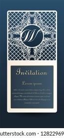 Template invitation for laser cutting. Openwork cutting of paper, cardboard, plastic. The layout of the original badge, greeting card with elements of a transparent geometric ornament.