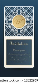 Template invitation for laser cutting. Openwork cutting of paper, cardboard, plastic. The layout of the original badge, greeting card with elements of a transparent geometric ornament.