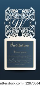 Template invitation for laser cutting. Openwork cutting of paper, cardboard, plastic. The layout of the original badge, greeting card with elements of a transparent geometric ornament.