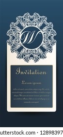 Template invitation for laser cutting. Openwork cutting of paper, cardboard, plastic. The layout of the original badge, greeting card with elements of a transparent geometric ornament.