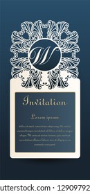 Template invitation for laser cutting. Openwork cutting of paper, cardboard, plastic. The layout of the original badge, greeting card with elements of a transparent geometric ornament.
