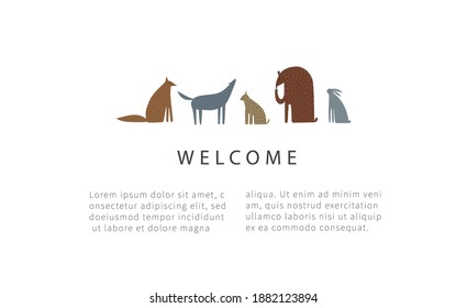 Template for invitation, letter, announcement, e-mail, card, placard with cute wild animals in simple scandinavian style. Trendy vector hand drawn illustration.