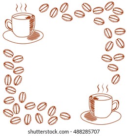 template for the invitation with mug of coffee and coffee beans on white background