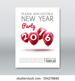 Template invitation new year holiday. Holiday card dedicated to the Christmas and New Year 2016. 3D balloons, red colors, on a white background. Vector illustration
