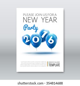 Template invitation new year holiday. Holiday card dedicated to the Christmas and New Year 2016. 3D balloons, blue colors, on a white background. Vector illustration