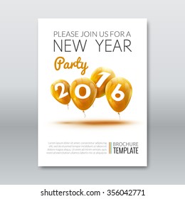 Template invitation New Year Holiday. Holiday card dedicated to the Christmas and New Year 2016. 3D balloons, Yellow colors, on a white background. Vector illustration
