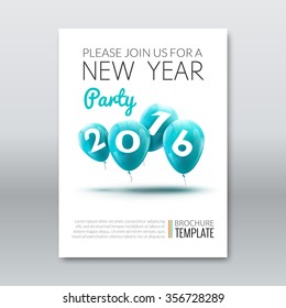 Template invitation new year holiday. Holiday card dedicated to the Christmas and New Year 2016. 3D balloons, Turquoise colors, on a white background. Vector illustration