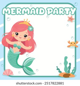 Plantilla para la invitación en la fiesta de la sirena del cumpleaños con la sirena dulce y amable con los brazos abiertos y la corona. Ilustración vectorial en estilo plano de dibujos animados