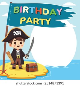 Plantilla para la invitación en la celebración de la fiesta pirata de cumpleaños. Muchacho lindo con la espada y el mapa en la isla con el pecho y la bandera. Personaje de dibujos animados en estilo plano. Ilustración vectorial