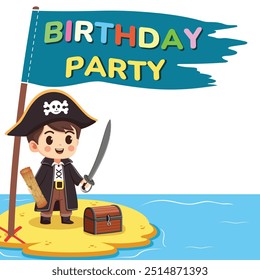 Template for invitation on Birthday Pirate Party celebration. Cute boy with sword and map on island with chest and flag. Cartoon character in flat style. Vector illustration