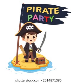 Template for invitation on Birthday Pirate Party celebration on white background. Cute boy with sword and map on island with chest and flag. Cartoon character in flat style. Vector illustration