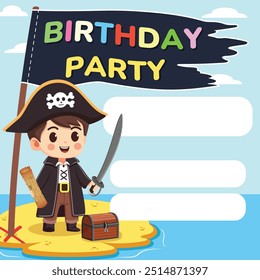 Template for invitation on Birthday Pirate Party celebration. Cute boy with sword and map on island with chest and flag. Cartoon character in flat style. Vector illustration